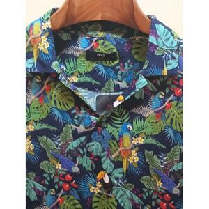 Oodji Shirt Mens XXL Blue Tropical Parrot Toucan Hawaiian Short Sleeve Viscose